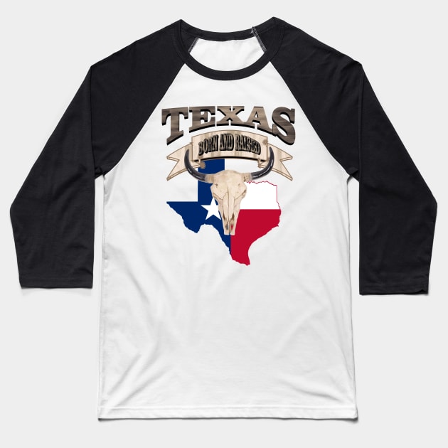 1980s Western Bull Skull Born and Raised Lone Star Texan Texas Baseball T-Shirt by Tina